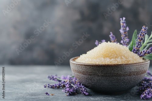 Close up of a bowl filled with lavender sugar scrub on a table showcasing lavender flowers for relaxing self-care moments photo