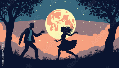 Silhouette of a couple dancing under a starry sky with a full moon and trees framing the romantic scene.