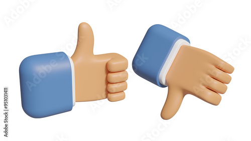 3D illustration with cartoon businessman hand showing thumbs like and dislike gesture of idea, opinion or decision on business or social media isolated on transparent background. photo