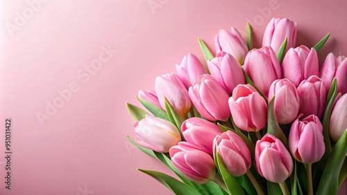 A beautiful bouquet of pink tulips on a light pink background