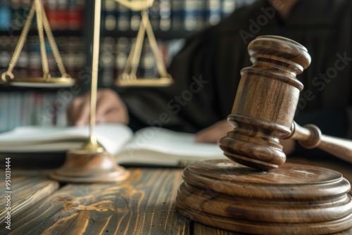 Close-up of a wooden gavel with a judge reviewing legal documents in a courtroom during a judicial session photo