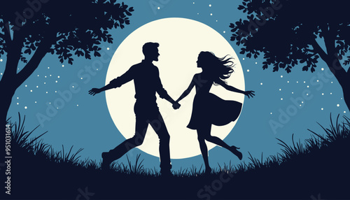 Silhouettes of a couple dancing under the moonlight amidst trees and a starry night sky.