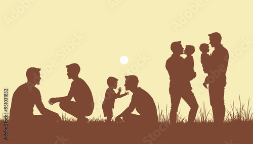 Silhouettes of a father and young child in various interactions at sunset, bonding in a serene outdoor setting.