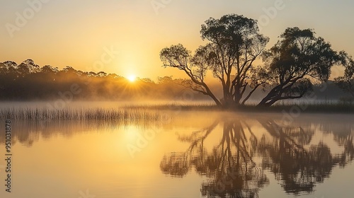 Golden hour reflecting on a calm lake