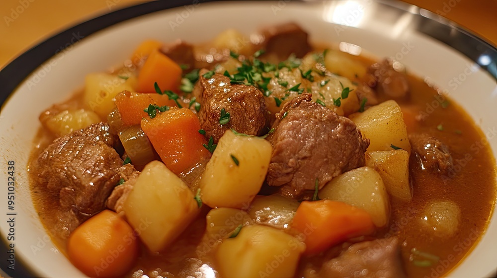 A hearty Irish stew, with tender lamb, potatoes, and root vegetables. A hearty Irish stew, with tender lamb, potatoes, and root vegetables.