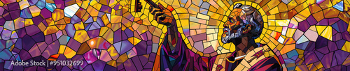 A vibrant mosaic of Saint Peter holding the keys to heaven, set against a background of deep purple and gold, enhancing the iconic symbolism of the Catholic faith.