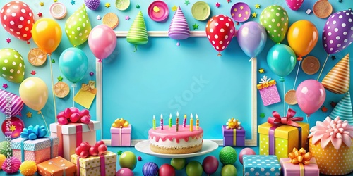 Colorful birthday frame with balloons, cakes, and gift box for celebration