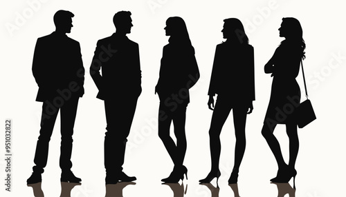 Silhouettes of three men and two women standing, engaged in conversation, against a light background.