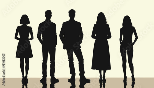 Silhouettes of five individuals of different genders and styles standing in a line against a neutral background.