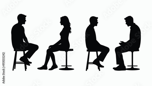 Silhouette of two pairs of people sitting and conversing against a white background.