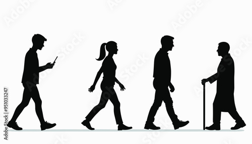 Silhouettes of three men and one woman walking, showcasing different life stages.