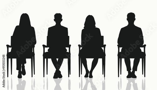 Silhouettes of four people sitting on chairs in a row, conveying a sense of waiting or contemplation.