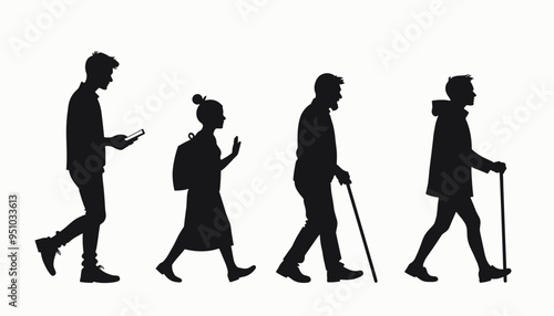 Silhouettes of people from different age groups walking, emphasizing the journey of life.