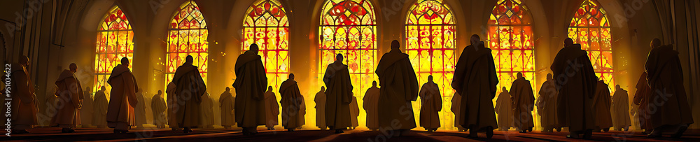 Naklejka premium A solemn procession of Catholic monks in traditional habits passes beneath an intricately patterned stained glass window, illuminating their path with warm hues of yellow and red.