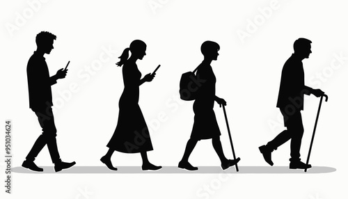 Silhouette of four people walking with electronic devices and canes, symbolizing different ages and mobility.