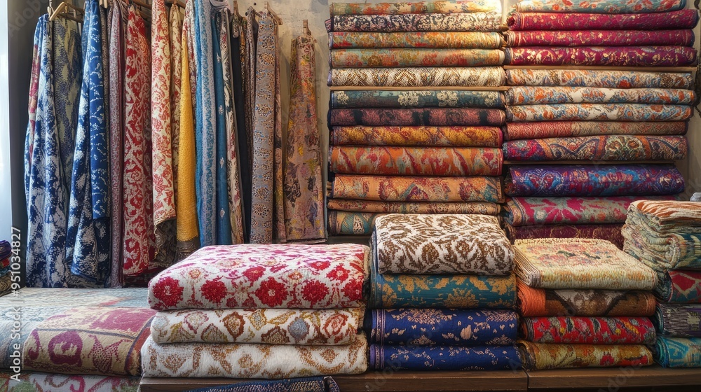 A market stall displaying diverse fabrics from around the world, showcasing global textile traditions. A market stall displaying diverse fabrics from around the world, showcasing global textile traditions.