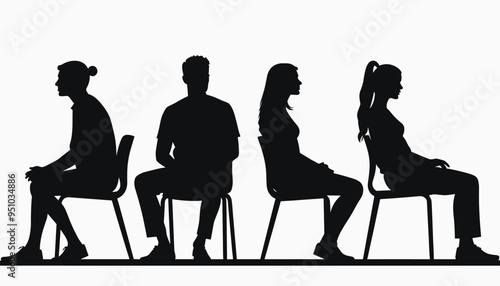 Silhouettes of diverse people sitting on chairs against a white background.