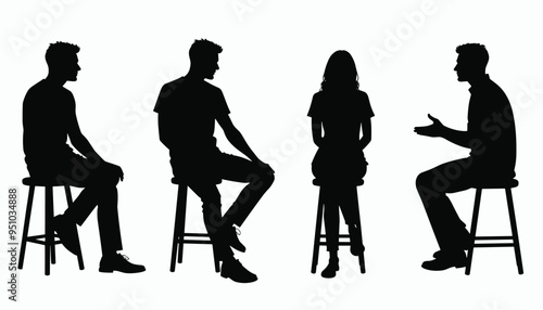 Silhouettes of three men and one woman sitting on stools engaged in conversation against a white background.