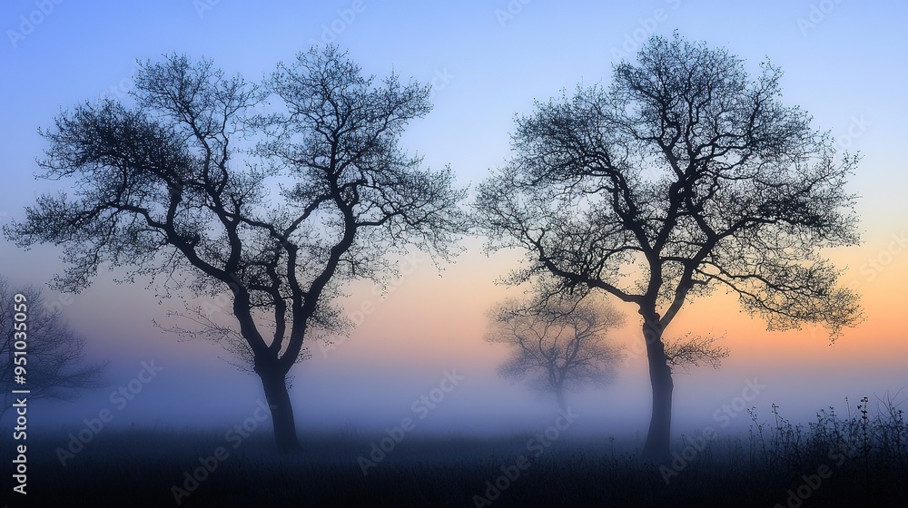 Foggy morning with the first rays of sunrise piercing through Foggy morning with the first rays of sunrise piercing through