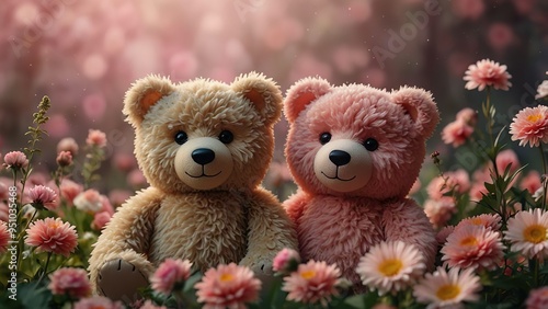 Teddy bear couple love each other in pink flowers dreamy environment