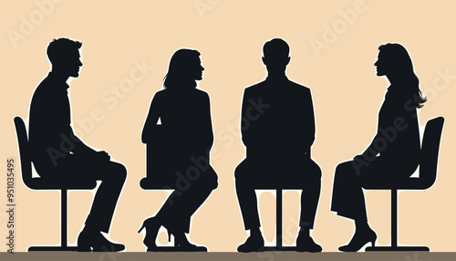 Silhouettes of four individuals seated in chairs, having a conversation against a beige background.