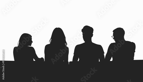 Silhouettes of two women and two men sitting, conversing against a white background.