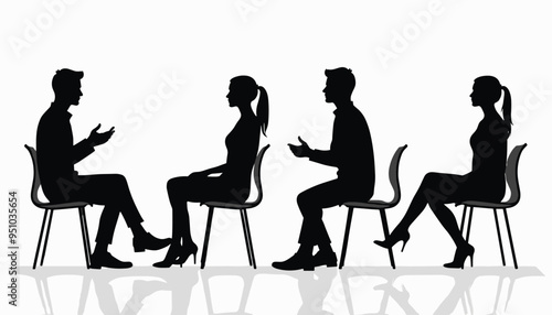 Silhouettes of two men and two women in formal attire engaged in conversation on chairs.