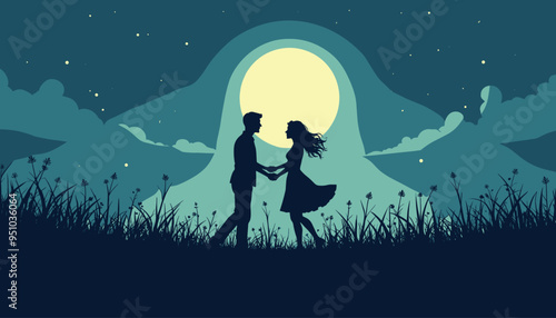 A romantic silhouette of a couple holding hands under a full moon in a starry night sky.