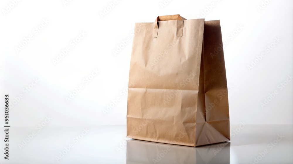Brown paper bag isolated on white background with reflective floor for branding mockup Brown paper bag isolated on white background with reflective floor for branding mockup