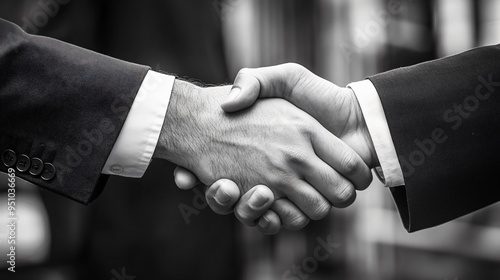 The Deal is Sealed: A powerful handshake between two business professionals symbolizes the closing of a deal, a partnership, or a significant agreement. A monochrome image conveying trust, commitment,