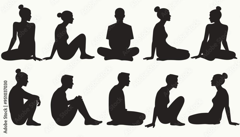 Silhouettes of diverse individuals sitting in various poses on a white background. Silhouettes of diverse individuals sitting in various poses on a white background.