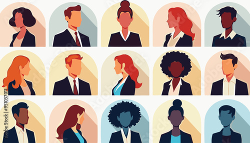 Diverse group of faceless professionals in business attire, portrayed in a minimalist style.