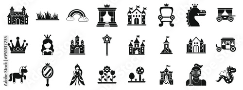 Fairytale princess castle icons set. This set of icons is representing a fairy tale kingdom with castles, a princess, a knight and magical creatures
