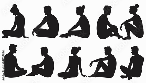 Silhouettes of men and women in various seated poses on a plain white background.
