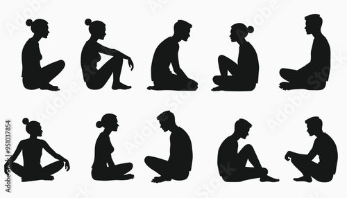 Silhouettes of people in various seated and meditative poses on a white background.