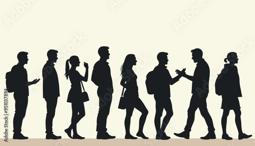 A diverse group of people standing in line, illustrated in black silhouettes against a light background.