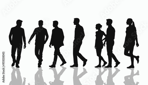 Silhouettes of diverse men and women walking in various poses against a white background.