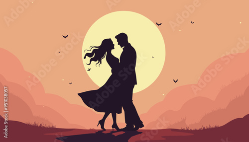 Silhouette of a couple dancing at sunset with a large, glowing moon in the background.