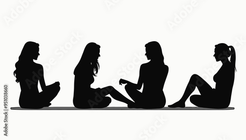 Silhouettes of four women sitting on the floor engaged in conversation against a plain background.