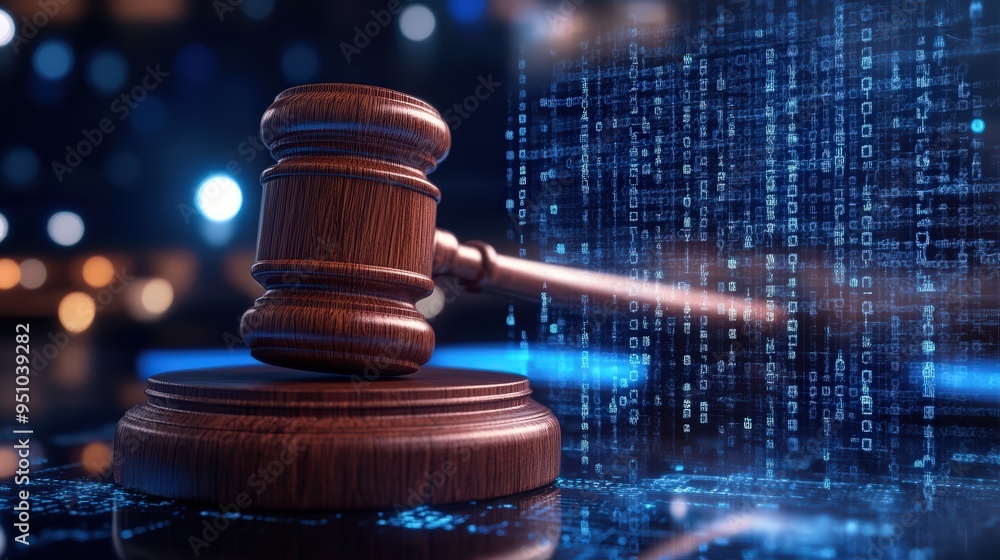 Gavel and blue binary code on a keyboard, concept of cybercrime Gavel and blue binary code on a keyboard, concept of cybercrime