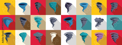 Cyclone twister cloud icons set. Set of various cartoon style whirlwinds rotating with different shapes and colors