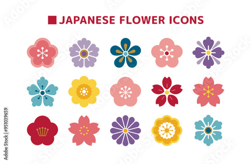 伝統的な日本の花のアイコンセット、カラフルな家紋風の花柄のイラスト素材一式