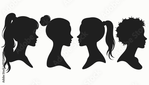 Silhouette profiles of diverse women with different hairstyles on a white background.