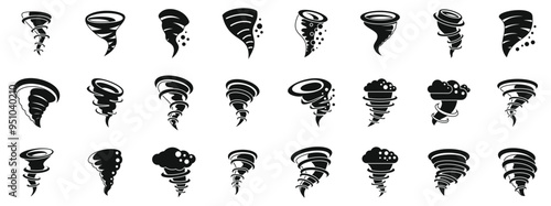 Cyclone twister cloud icons set. Collection of black silhouettes of tornadoes of various shapes, great for meteorology and weather concepts
