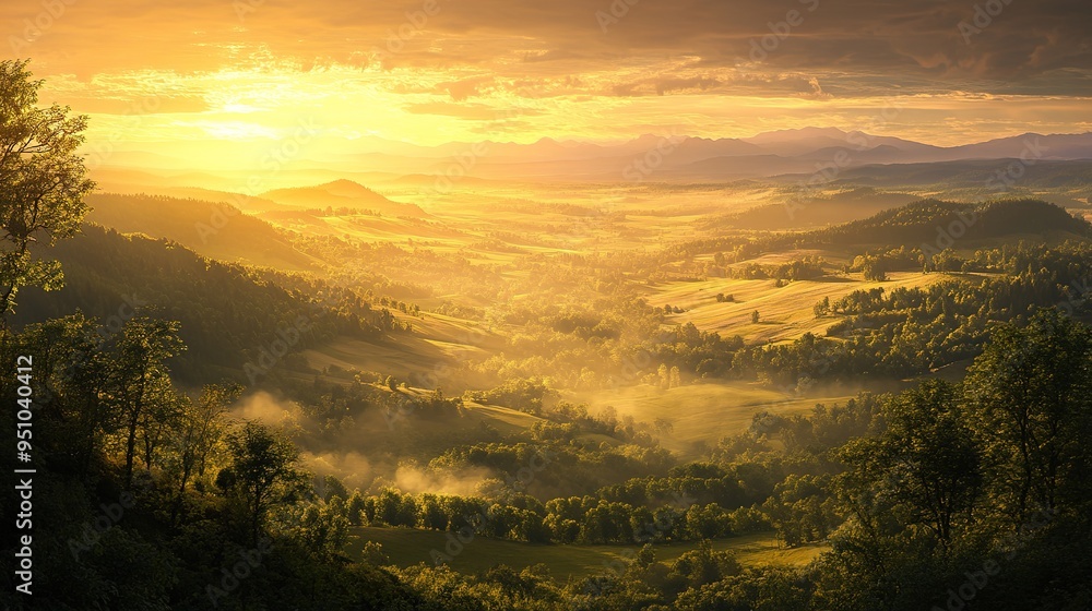 Early morning sunrise illuminating a vast valley Early morning sunrise illuminating a vast valley