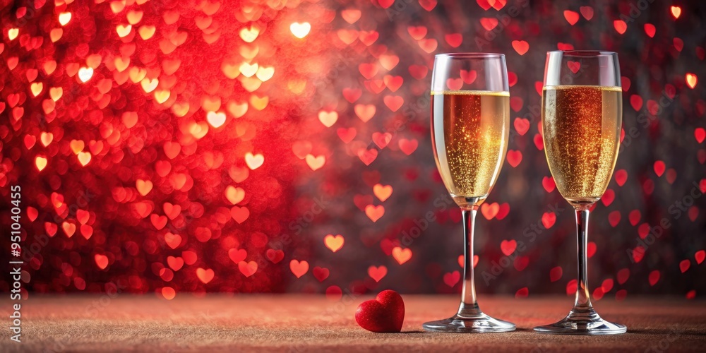 Two flute glasses with champagne and red hearts on Valentine's Day background with copy space Two flute glasses with champagne and red hearts on Valentine's Day background with copy space