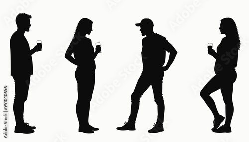 Silhouettes of four people holding drinks, standing and conversing against a plain white background.
