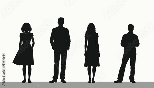 Silhouettes of four individuals, two men and two women, standing against a plain background.