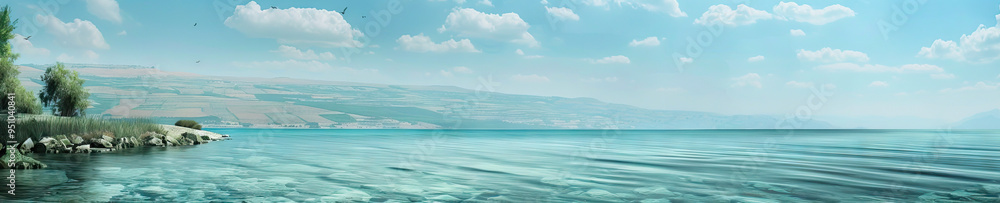 A calming seascape reminiscent of the Sea of Galilee where Jesus performed many miracles, its cool turquoise tones bringing a sense of peace and tranquility. A calming seascape reminiscent of the Sea of Galilee where Jesus performed many miracles, its cool turquoise tones bringing a sense of peace and tranquility.