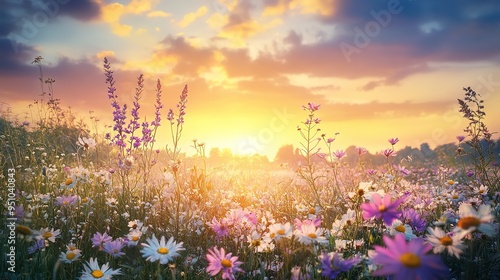 Dramatic sunrise over a field of wildflowers -